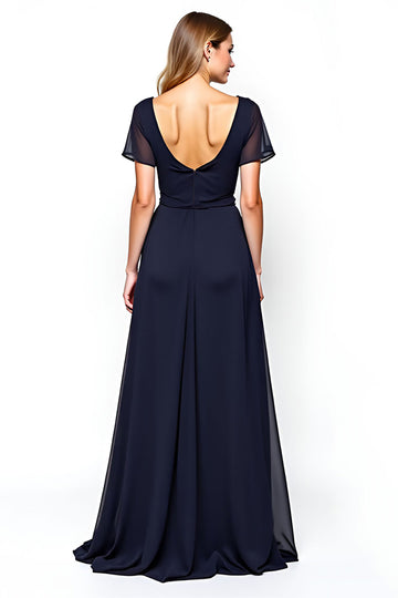 Navy Square Neck A-Line Chiffon Long Mother of the Bride Dress